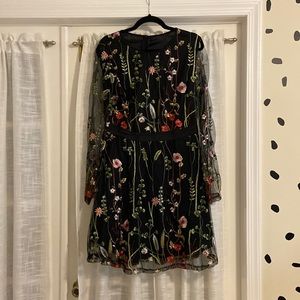 Floral embroidered Long Mesh Sleeve Short Dress. Great for Wedding Guest!